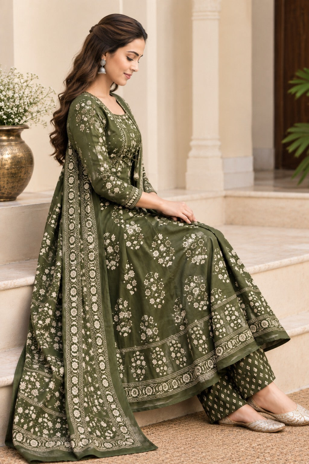 Women Green Printed Kurta Set with printed Dupatta