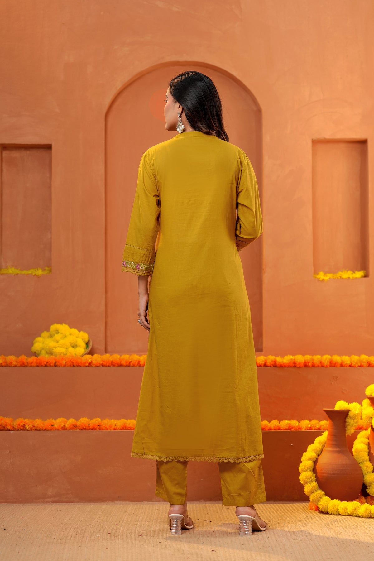 Women Mustard Yellow Embroidered Kurta Set with Trouser and Dupatta