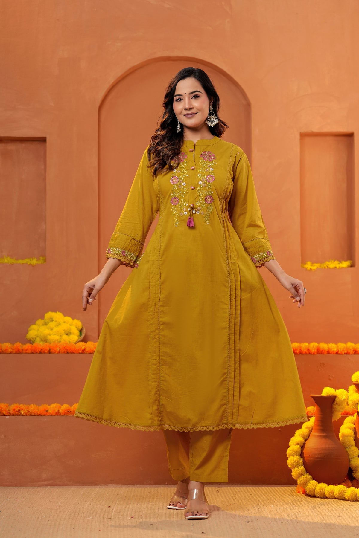 Women Mustard Yellow Embroidered Kurta Set with Trouser and Dupatta
