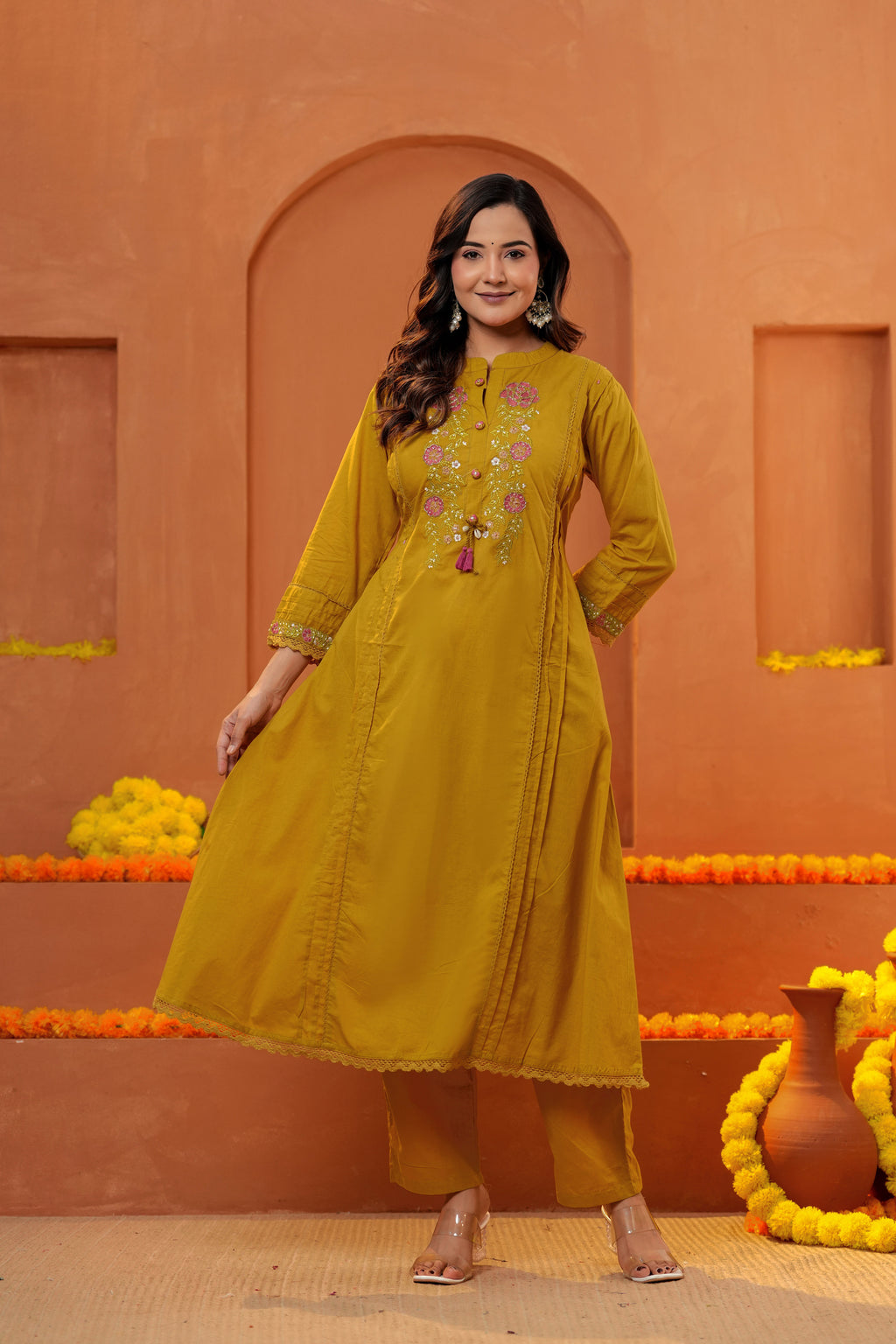 Women Mustard Yellow Embroidered Kurta Set with Trouser and Dupatta