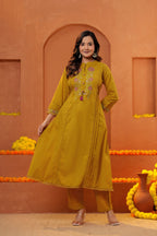 Women Mustard Yellow Embroidered Kurta Set with Trouser and Dupatta