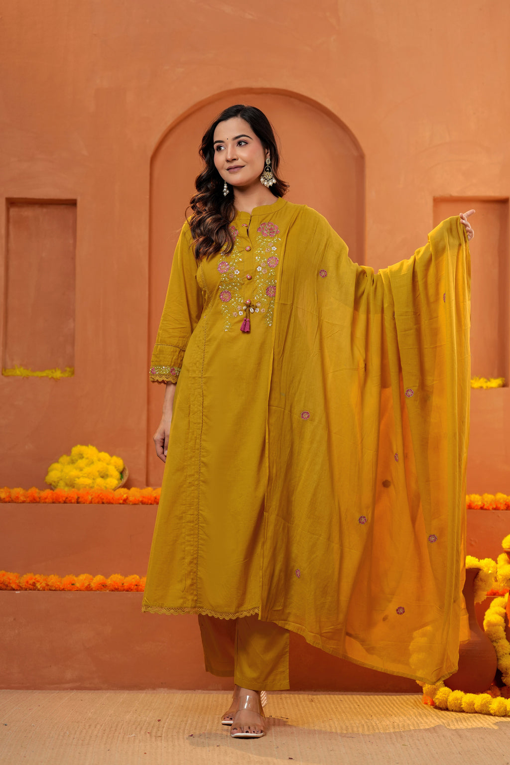 Women Mustard Yellow Embroidered Kurta Set with Trouser and Dupatta