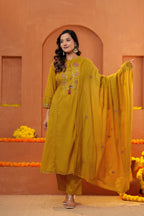 Women Mustard Yellow Embroidered Kurta Set with Trouser and Dupatta