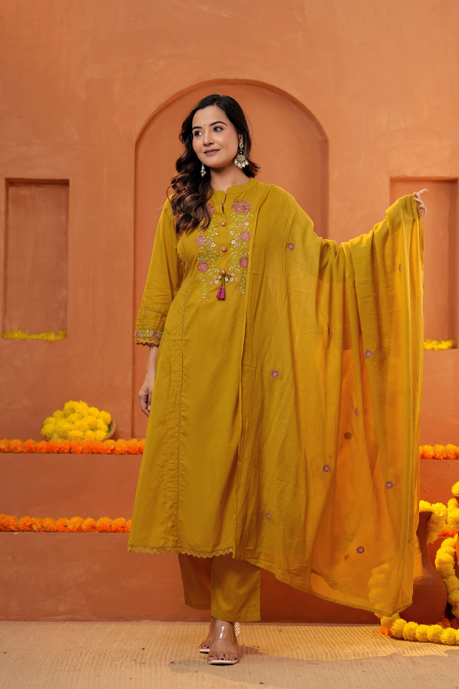 Women Mustard Yellow Embroidered Kurta Set with Trouser and Dupatta