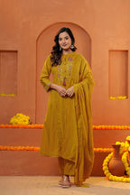 Women Mustard Yellow Embroidered Kurta Set with Trouser and Dupatta