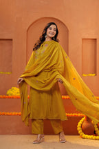 Women Mustard Yellow Embroidered Kurta Set with Trouser and Dupatta