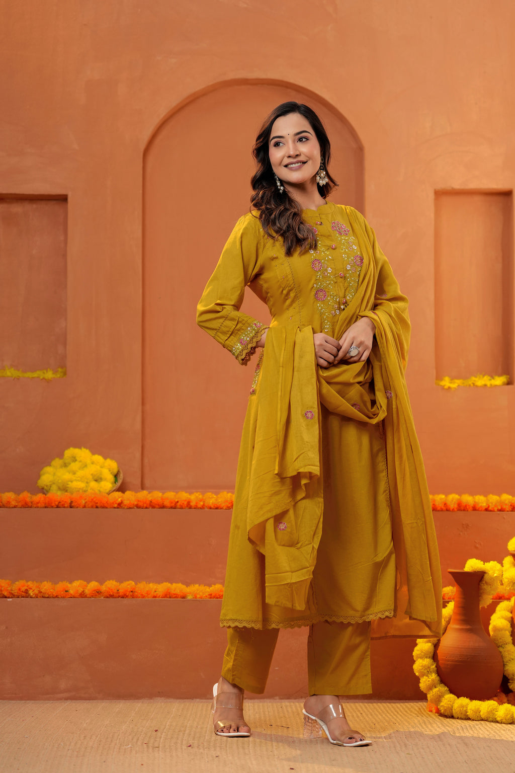 Women Mustard Yellow Embroidered Kurta Set with Trouser and Dupatta
