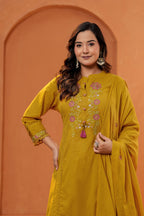Women Mustard Yellow Embroidered Kurta Set with Trouser and Dupatta