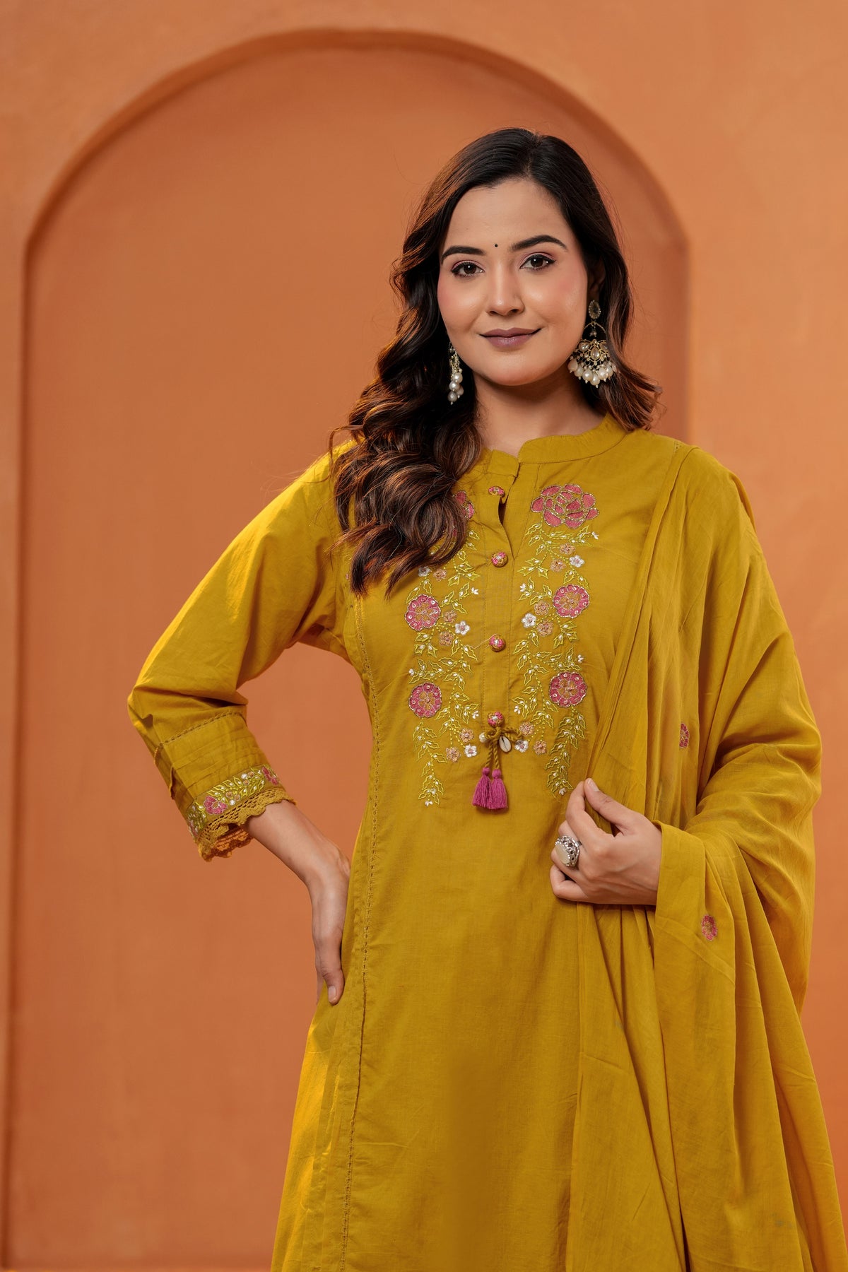 Women Mustard Yellow Embroidered Kurta Set with Trouser and Dupatta