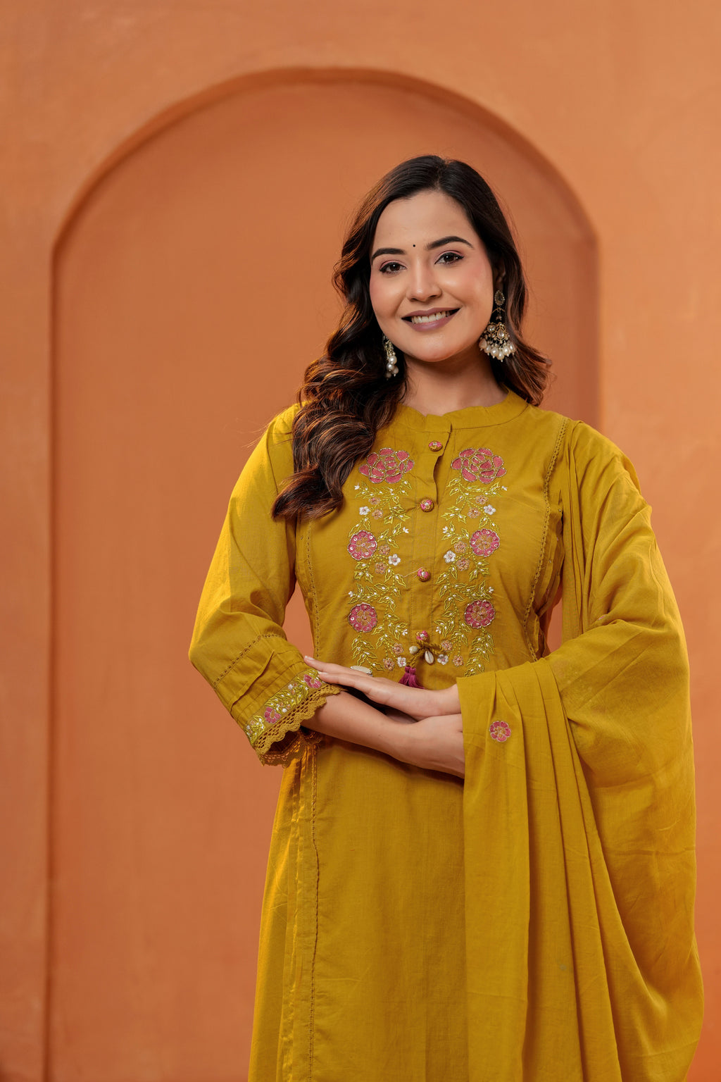 Women Mustard Yellow Embroidered Kurta Set with Trouser and Dupatta