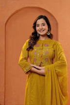 Women Mustard Yellow Embroidered Kurta Set with Trouser and Dupatta