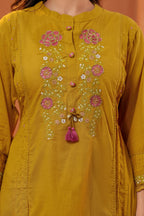 Women Mustard Yellow Embroidered Kurta Set with Trouser and Dupatta