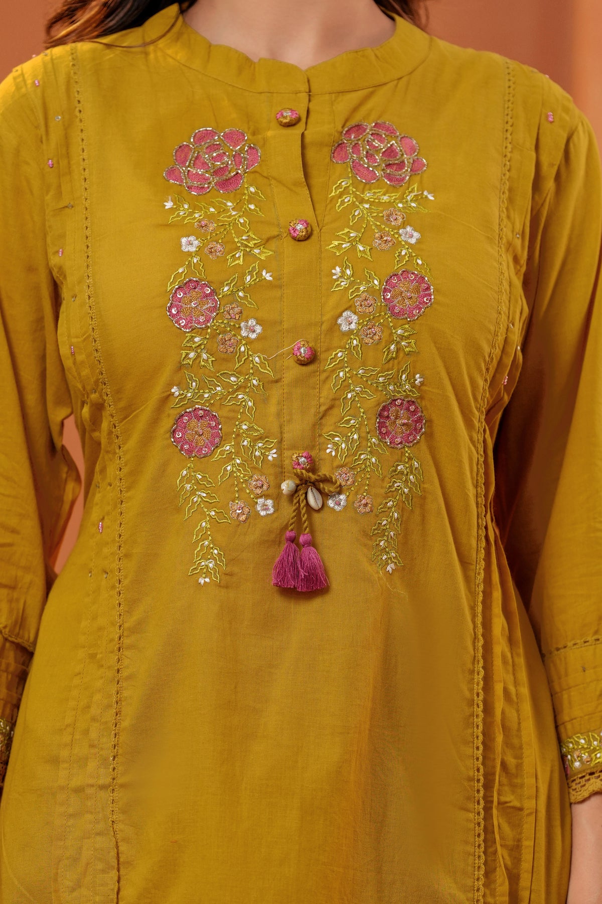 Women Mustard Yellow Embroidered Kurta Set with Trouser and Dupatta