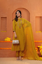 Women Mustard Yellow Embroidered Kurta Set with Trouser and Dupatta