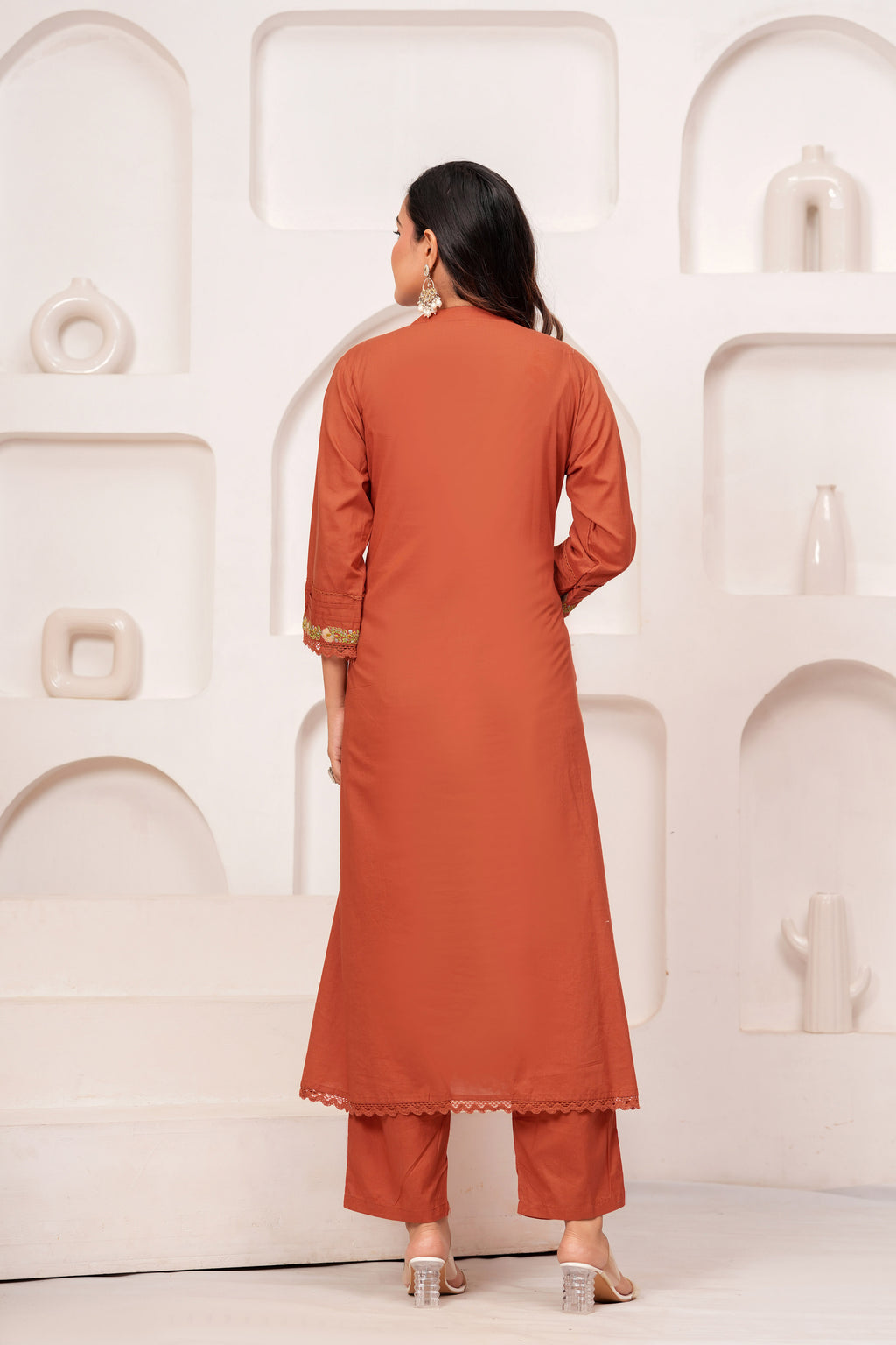 Women Rust Orange Embroidered Kurta with Trouser and Dupatta Set