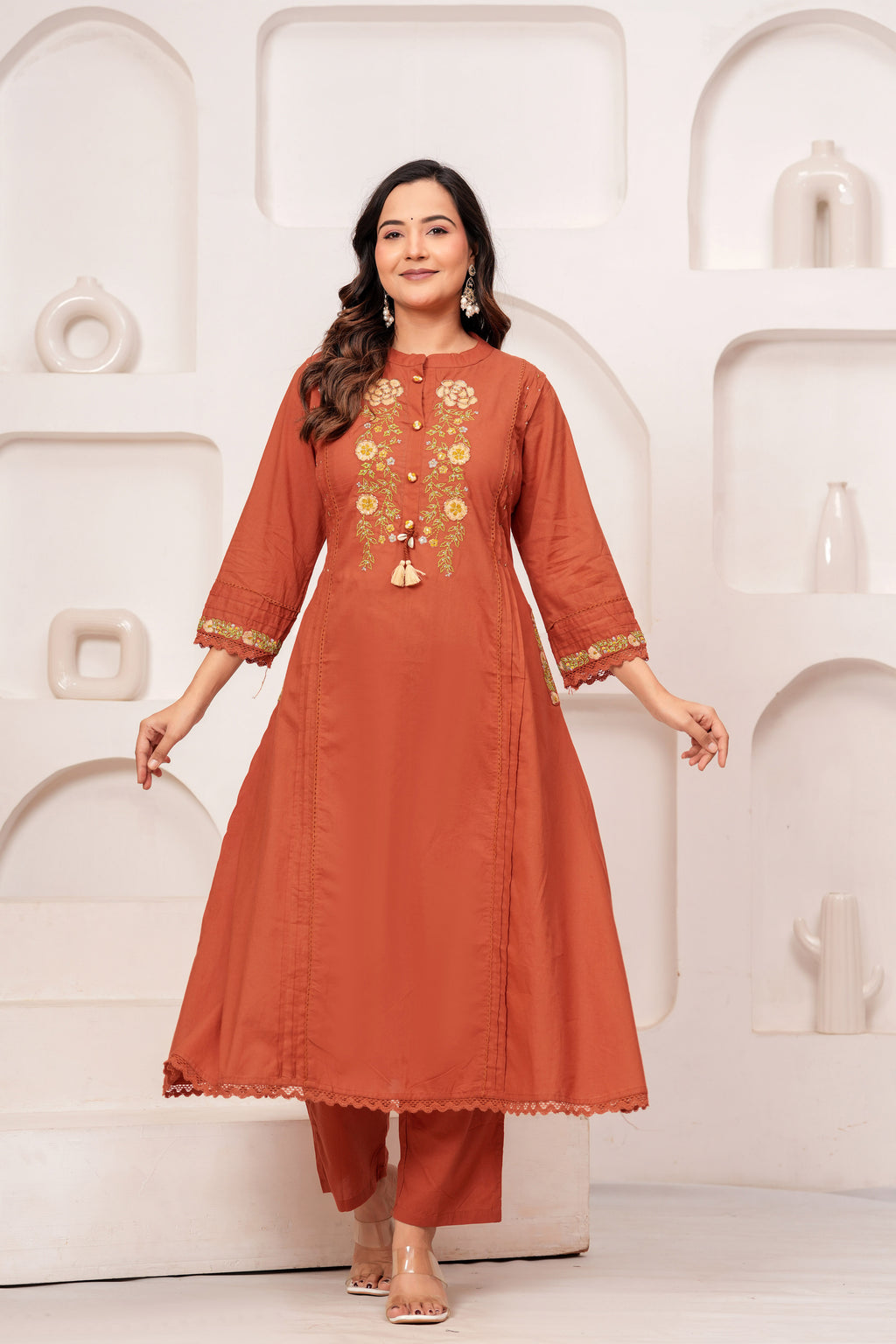 Women Rust Orange Embroidered Kurta with Trouser and Dupatta Set