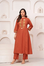 Women Rust Orange Embroidered Kurta with Trouser and Dupatta Set