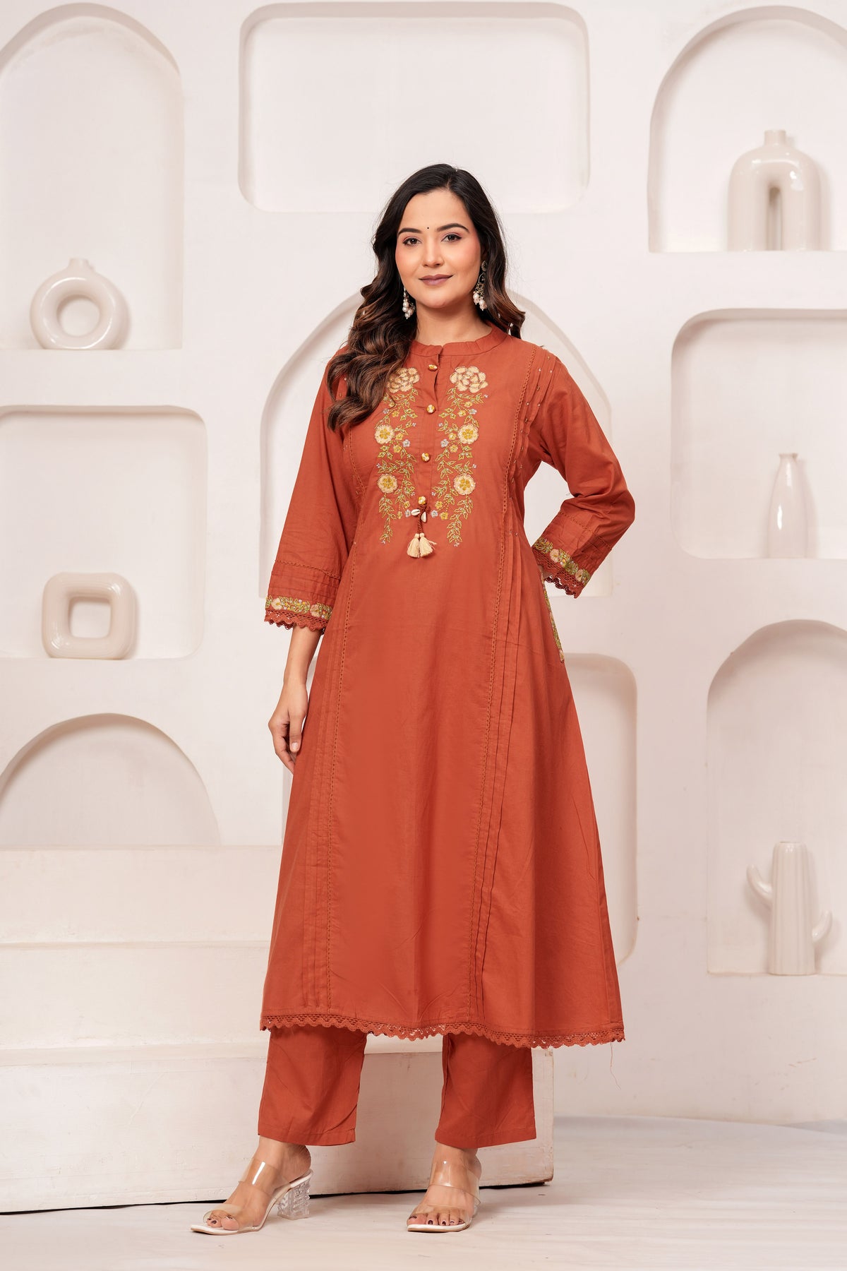 Women Rust Orange Embroidered Kurta with Trouser and Dupatta Set