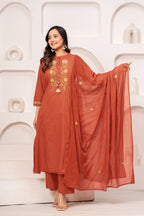 Women Rust Orange Embroidered Kurta with Trouser and Dupatta Set