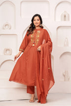 Women Rust Orange Embroidered Kurta with Trouser and Dupatta Set