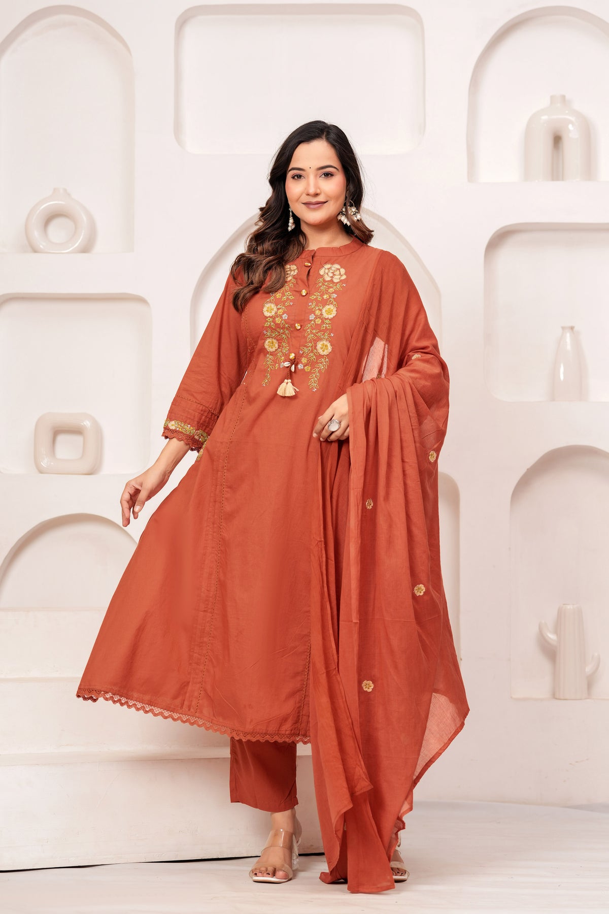 Women Rust Orange Embroidered Kurta with Trouser and Dupatta Set