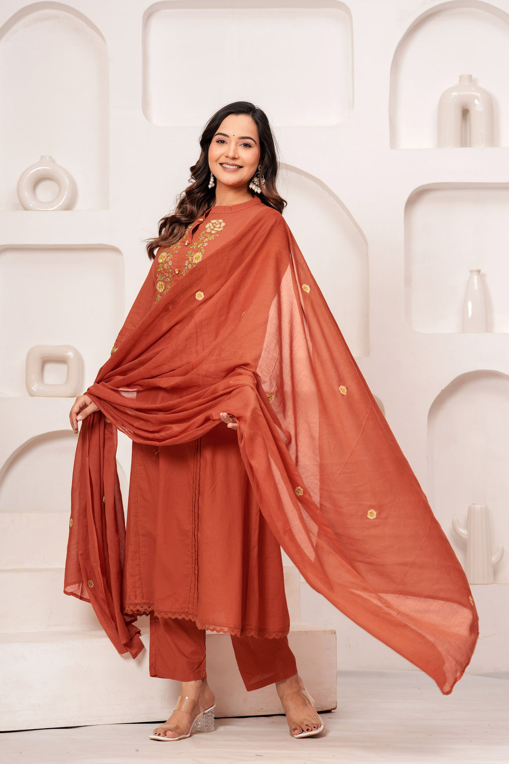 Women Rust Orange Embroidered Kurta with Trouser and Dupatta Set