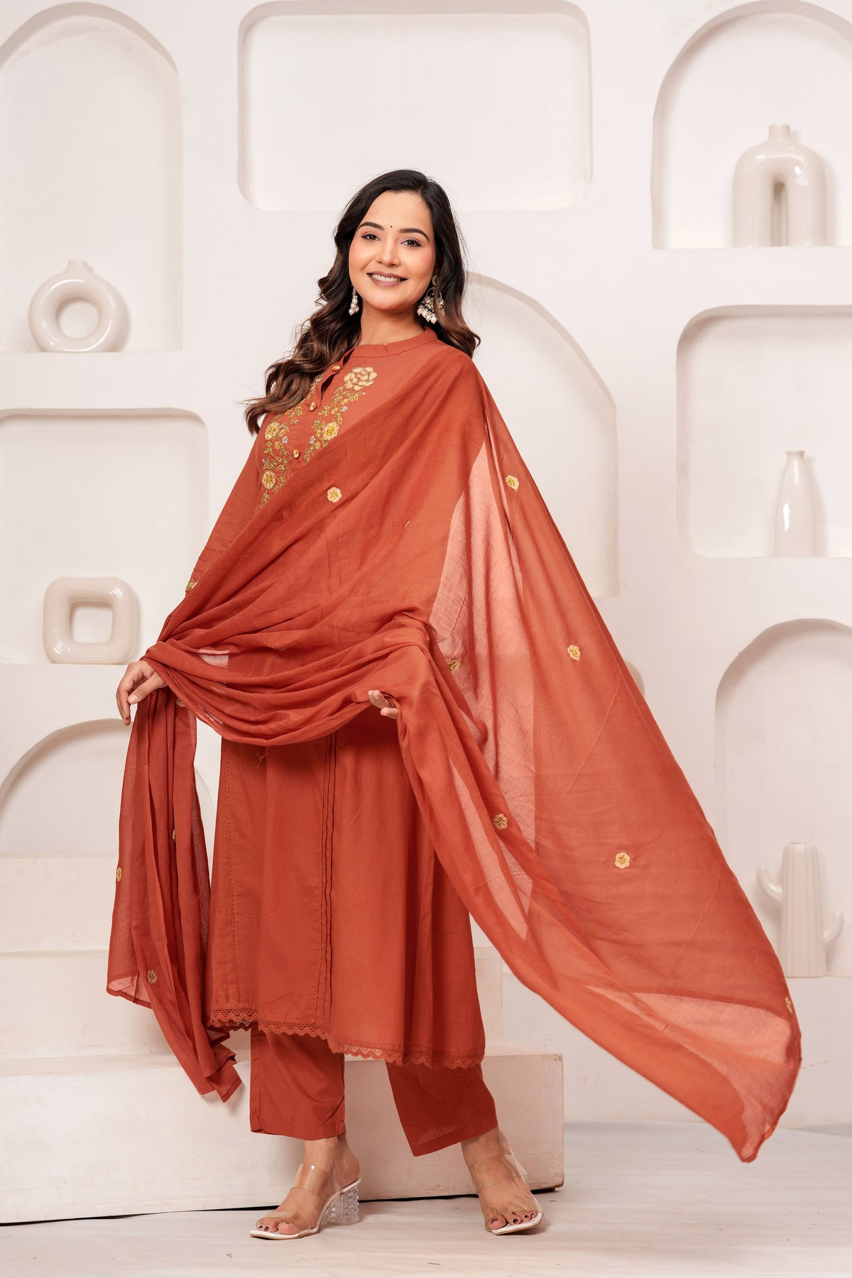 Women Rust Orange Embroidered Kurta with Trouser and Dupatta Set