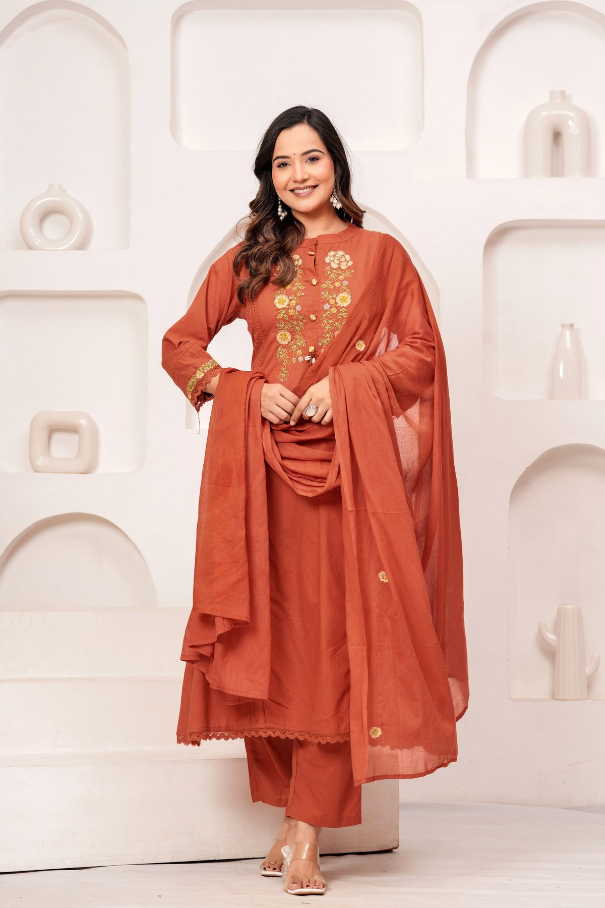 Women Rust Orange Embroidered Kurta with Trouser and Dupatta Set