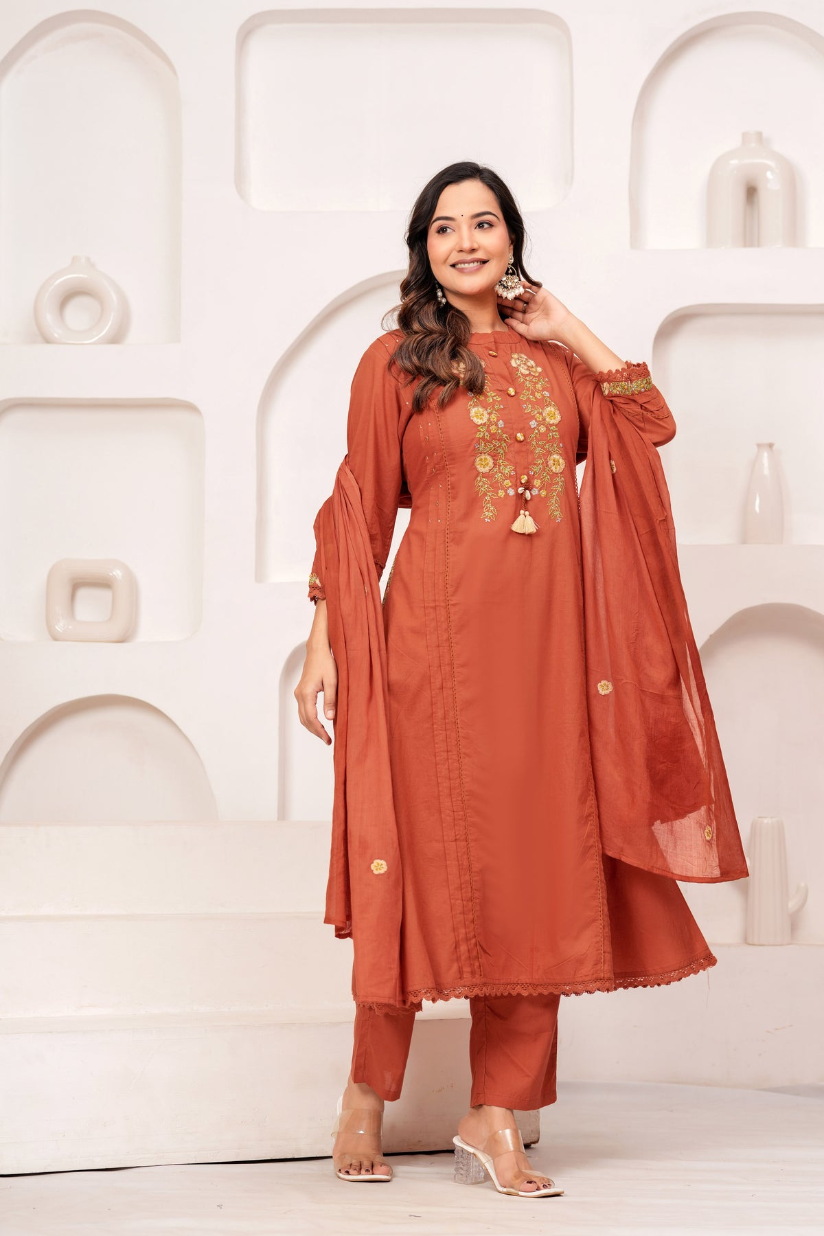 Women Rust Orange Embroidered Kurta with Trouser and Dupatta Set