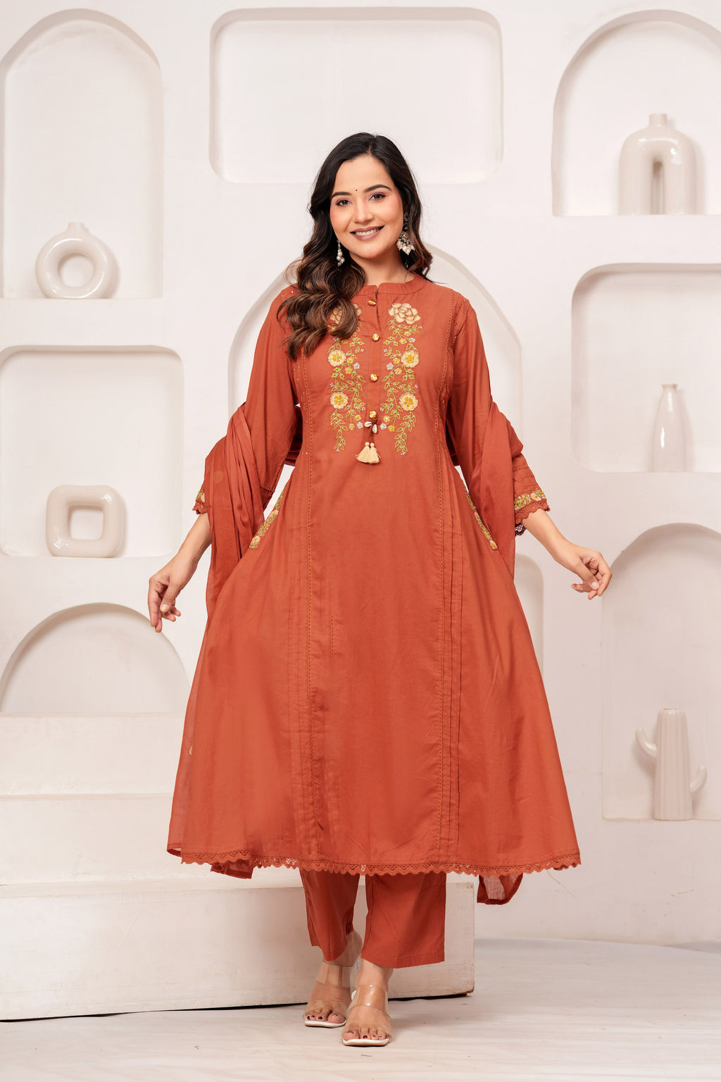 Women Rust Orange Embroidered Kurta with Trouser and Dupatta Set
