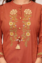 Women Rust Orange Embroidered Kurta with Trouser and Dupatta Set