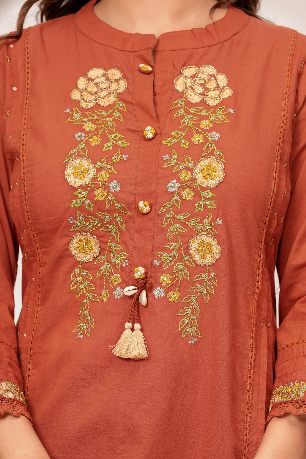 Women Rust Orange Embroidered Kurta with Trouser and Dupatta Set