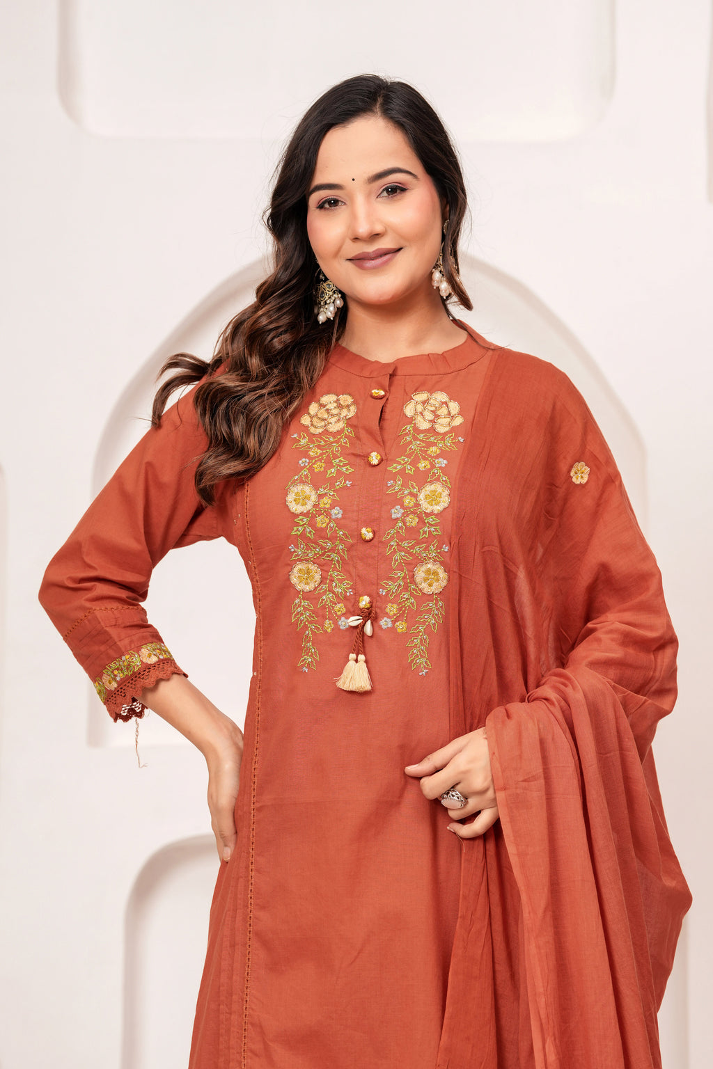 Women Rust Orange Embroidered Kurta with Trouser and Dupatta Set