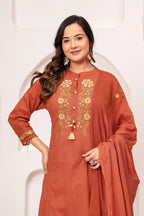Women Rust Orange Embroidered Kurta with Trouser and Dupatta Set