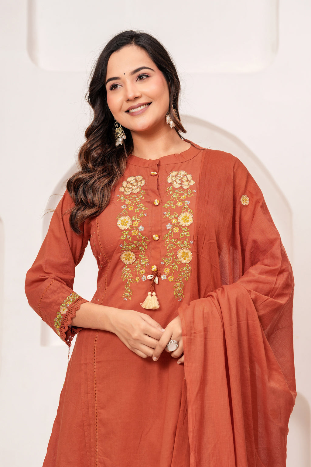 Women Rust Orange Embroidered Kurta with Trouser and Dupatta Set