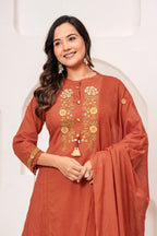 Women Rust Orange Embroidered Kurta with Trouser and Dupatta Set