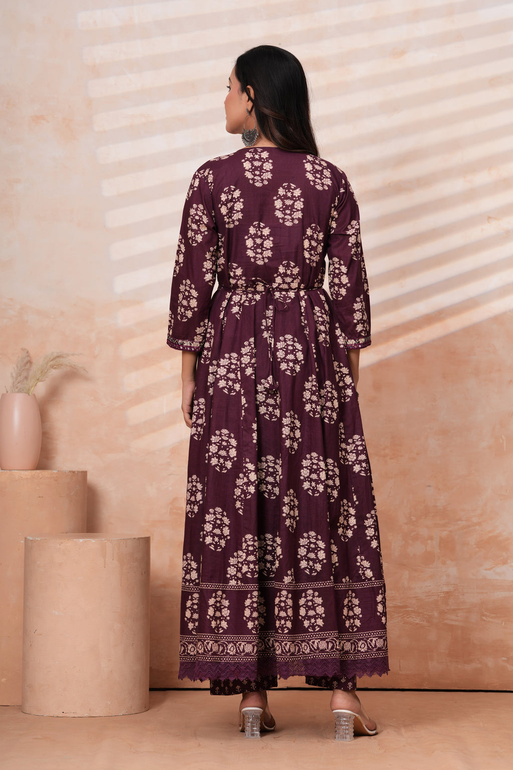 Women Wine Printed Kurta Set with printed Dupatta