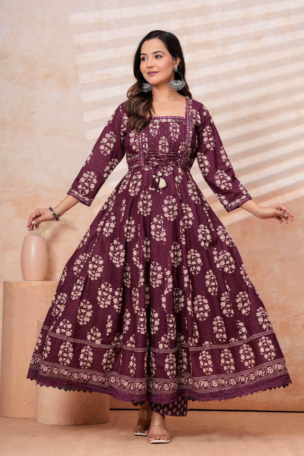 Women Wine Printed Kurta Set with printed Dupatta