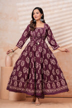 Women Wine Printed Kurta Set with printed Dupatta