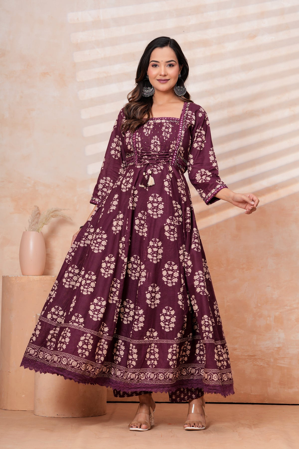Women Wine Printed Kurta Set with printed Dupatta
