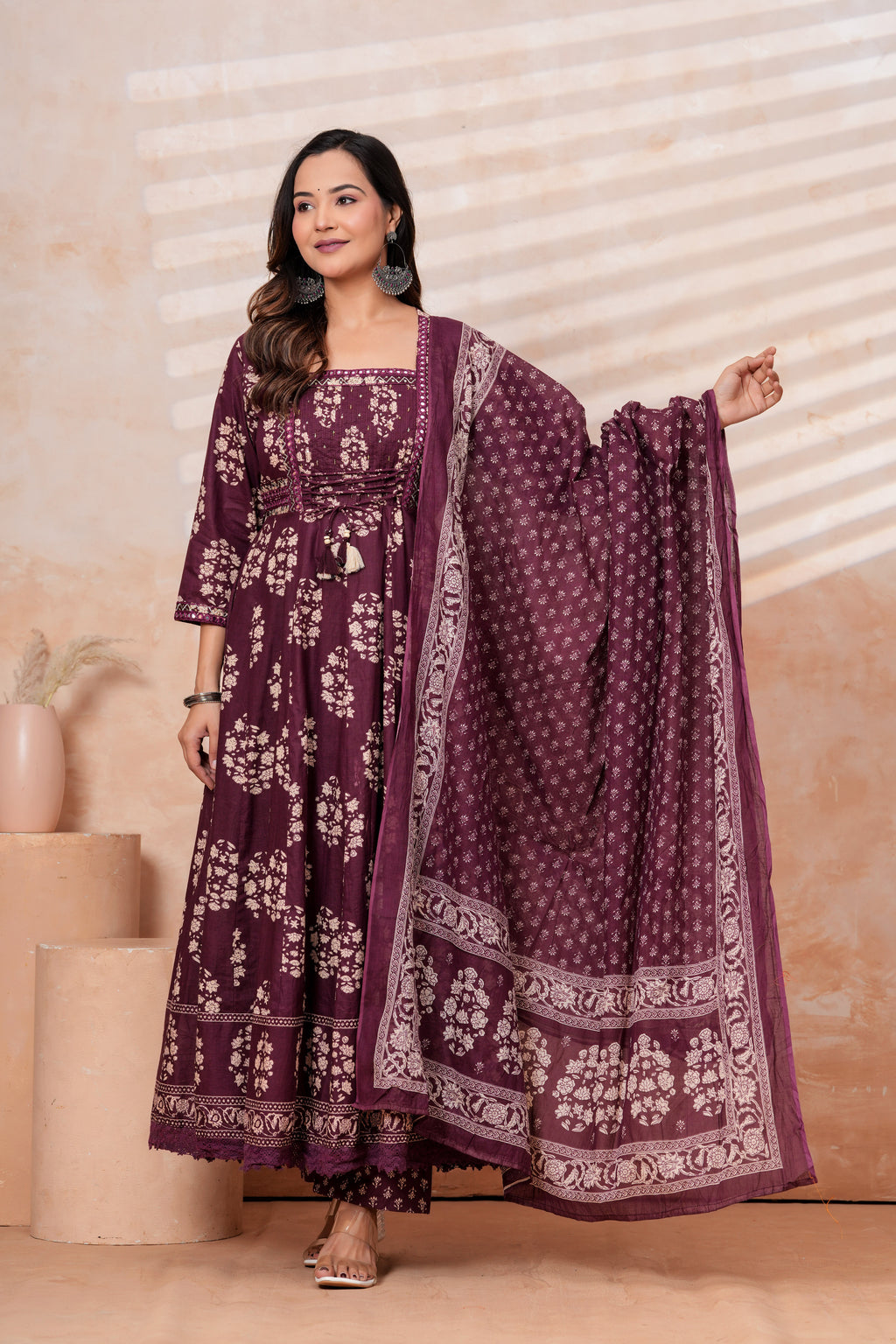 Women Wine Printed Kurta Set with printed Dupatta