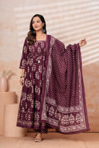 Women Wine Printed Kurta Set with printed Dupatta