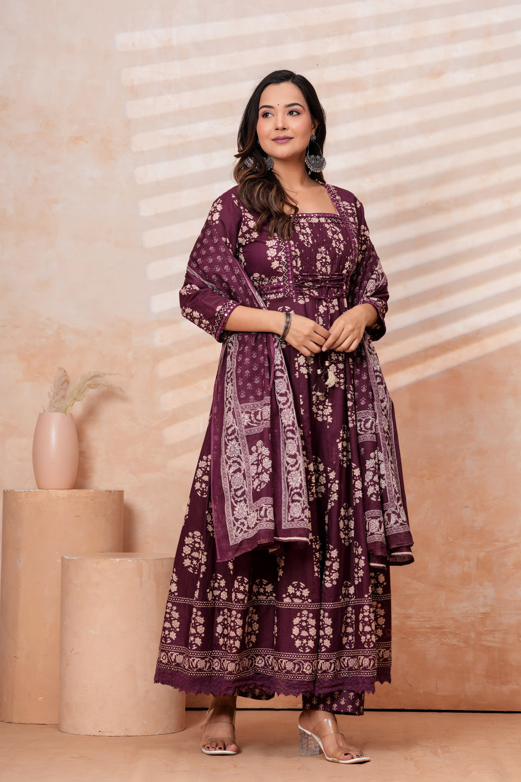 Women Wine Printed Kurta Set with printed Dupatta