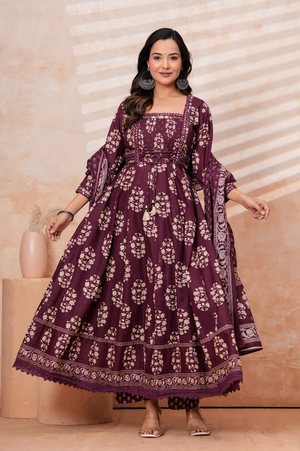 Women Wine Printed Kurta Set with printed Dupatta