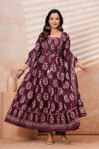 Women Wine Printed Kurta Set with printed Dupatta