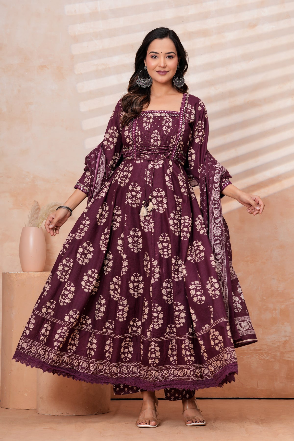 Women Wine Printed Kurta Set with printed Dupatta