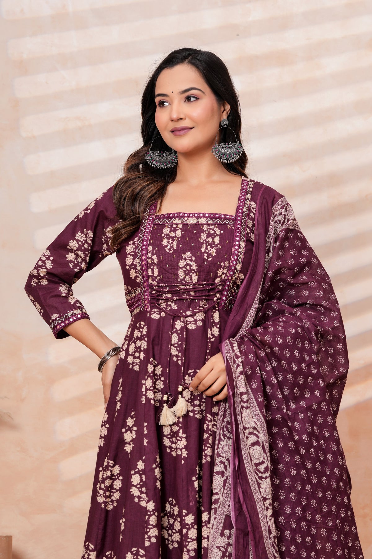 Women Wine Printed Kurta Set with printed Dupatta