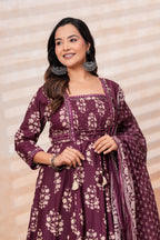 Women Wine Printed Kurta Set with printed Dupatta