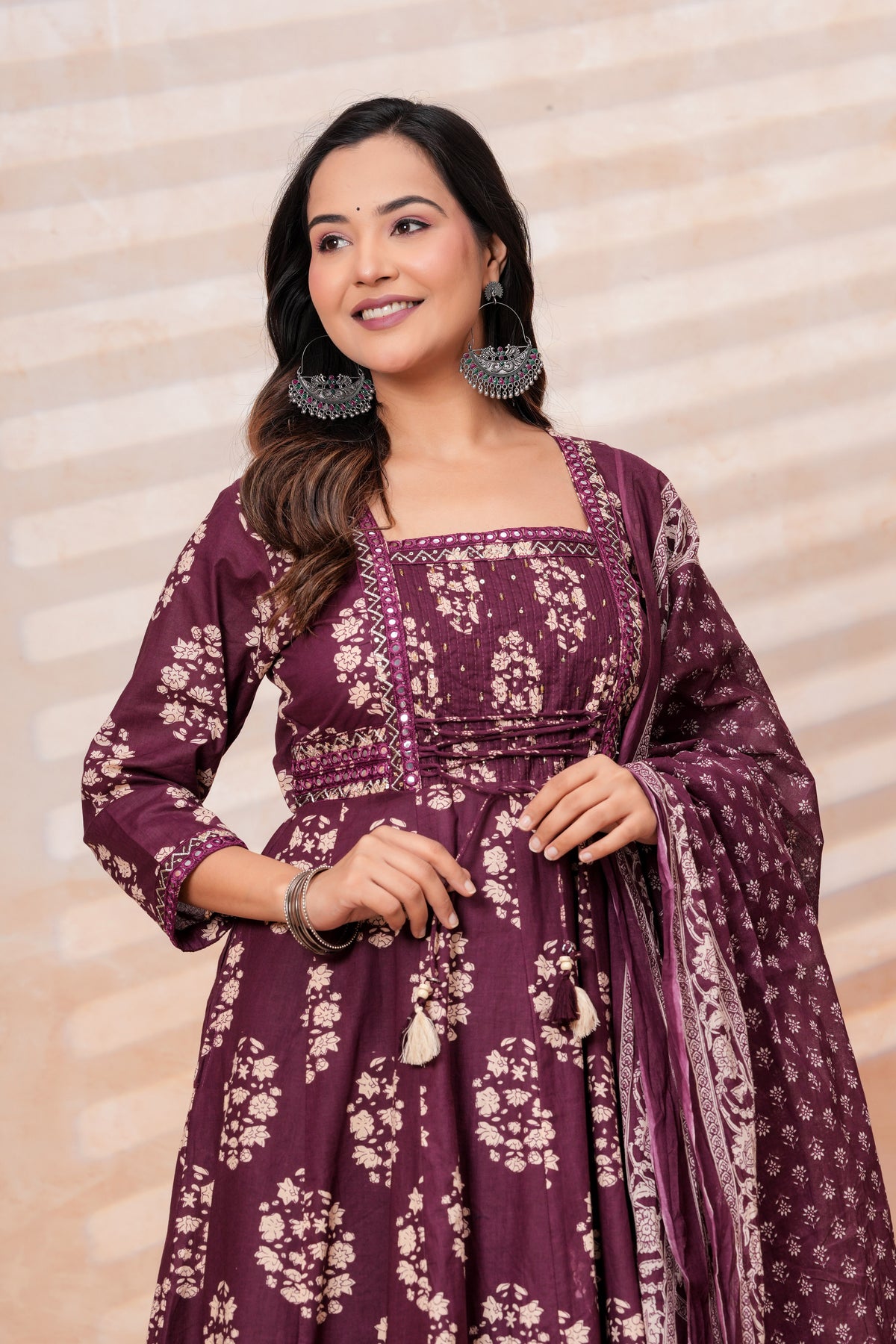 Women Wine Printed Kurta Set with printed Dupatta