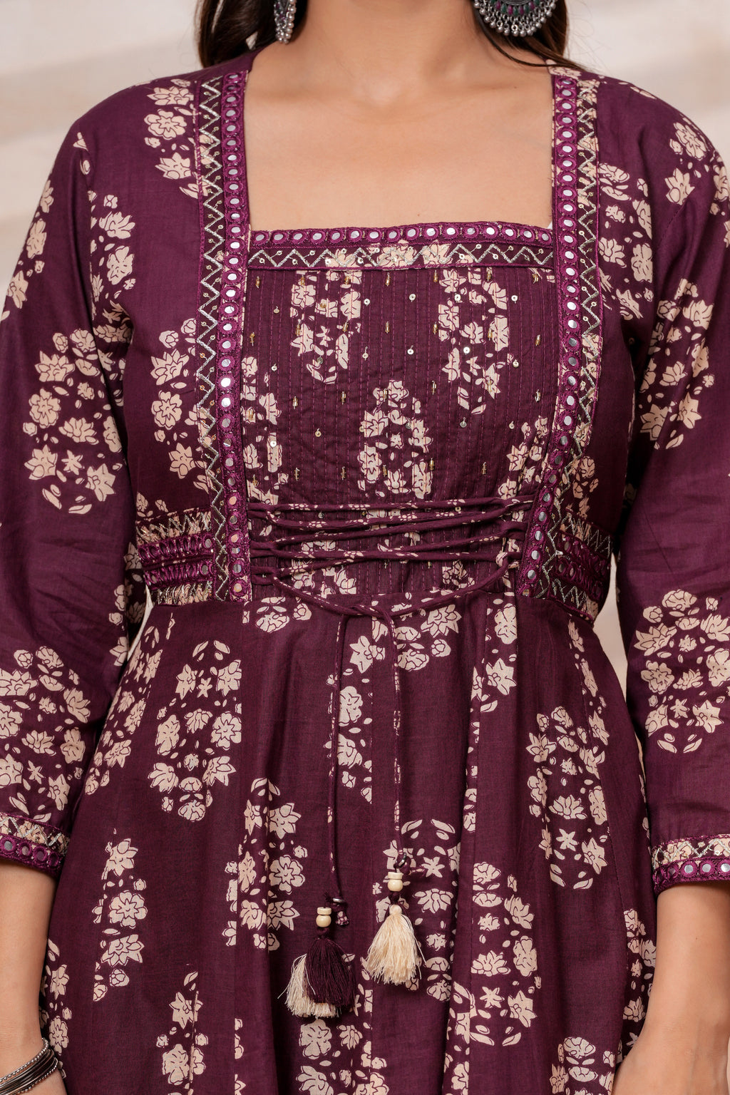 Women Wine Printed Kurta Set with printed Dupatta